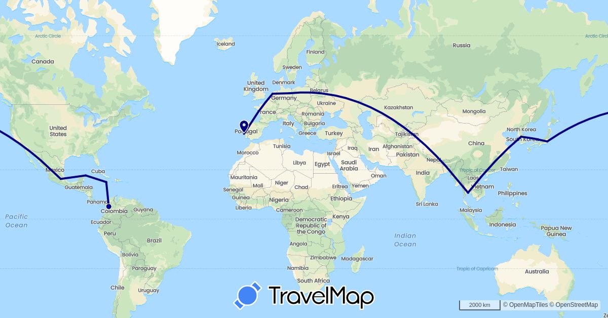 TravelMap itinerary: driving in Colombia, Germany, Jamaica, Japan, South Korea, Mexico, Netherlands, Portugal, Thailand (Asia, Europe, North America, South America)